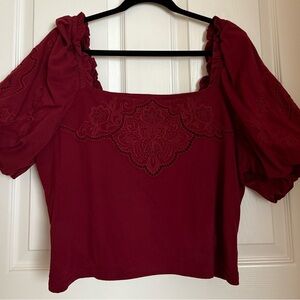 Express Cropped Burgundy Top w/ Embroidered Neckline & Puff Sleeves